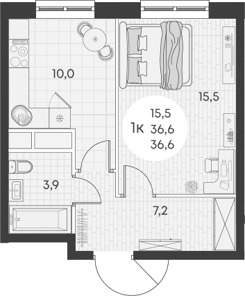1-комн., 36.6 м², 15/15 этаж, ЖК «Грин Эппл»