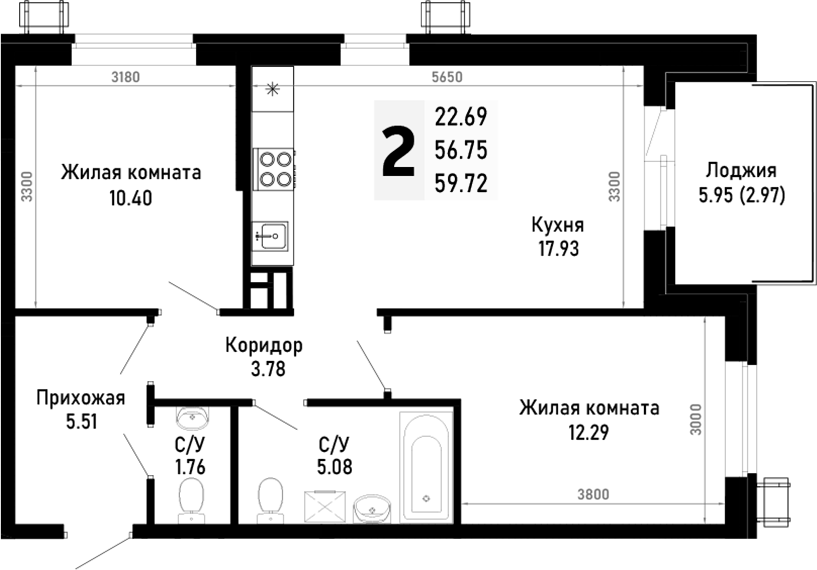 Продается 2-комн. квартира, 56.75 м²