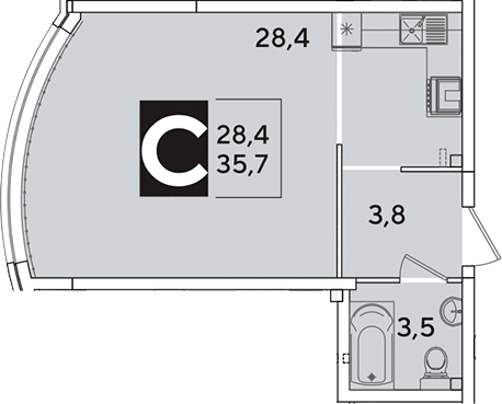 Студия, 35.7 м², 2/16 этаж, ЖК «Самолет»