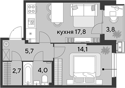 2-комн., 44.3 м², 2/9 этаж, ЖК «Парк Победы»