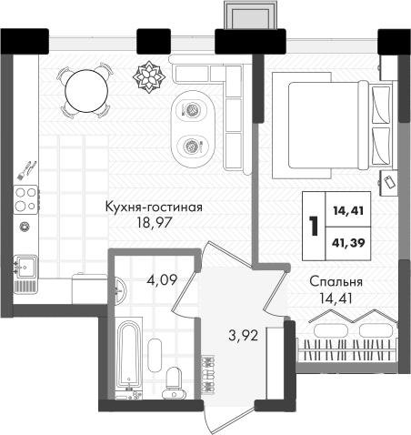 2-комн., 41.39 м², 4/9 этаж, ЖК «Зеленая территория»