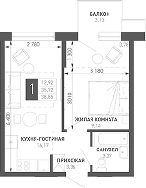 1-комн., 37.57 м², 5/18 этаж, ЖК «Иначе в Молодежном»