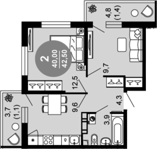 2-комн., 40 м², 11/12 этаж, ЖК «Флора»
