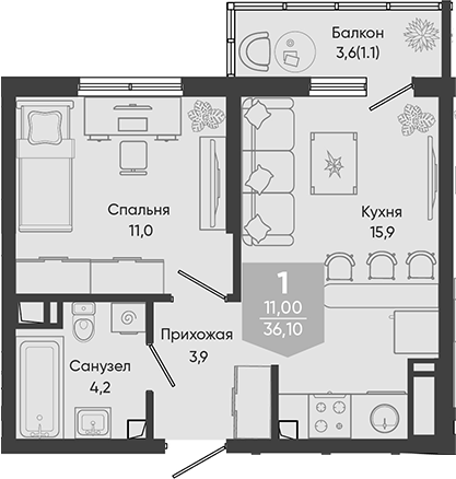 2-комн., 35 м², 22/24 этаж, ЖК «Облака»