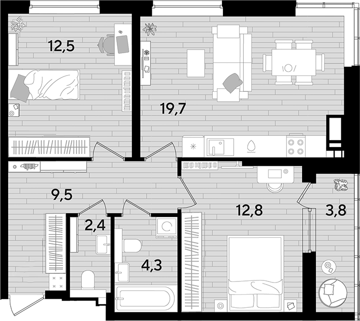2-комн., 61.2 м², 14/16 этаж, ЖК «DОГМА ПАРК»