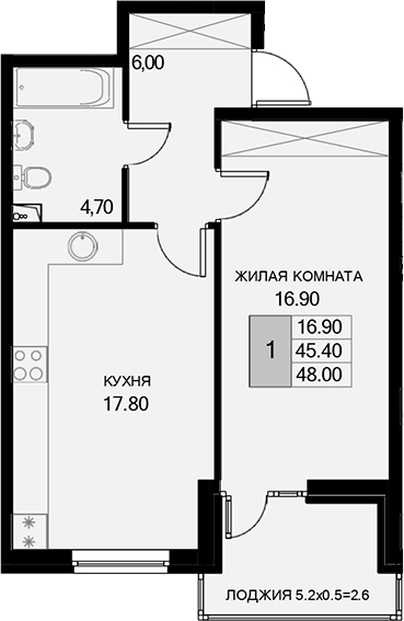 Продается 1-комн. квартира, 45.4 м²