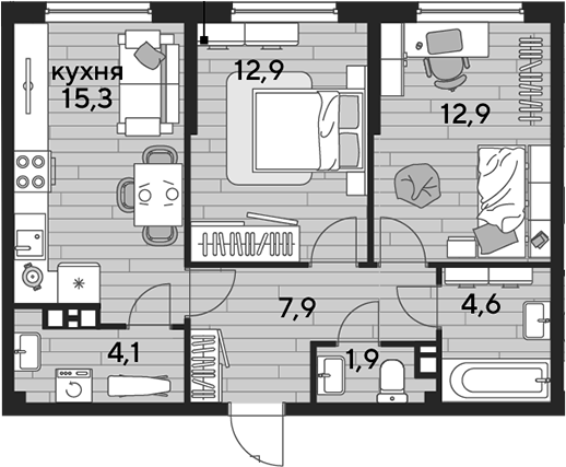 2-комн., 59.6 м², 8/16 этаж, ЖК «DОГМА ПАРК»