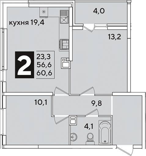 3-комн., 56.6 м², 5/16 этаж, ЖК «Самолет»