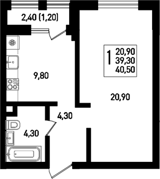 1-комн., 39.8 м², 1/8 этаж, ЖК «Югге»