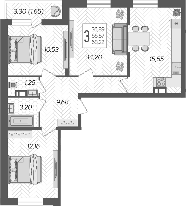 3-комн., 66.57 м², 9/12 этаж, ЖК «Смородина»