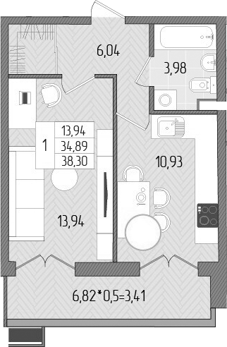 1-комн., 34.89 м², 1/8 этаж, ЖК «Сады у моря»
