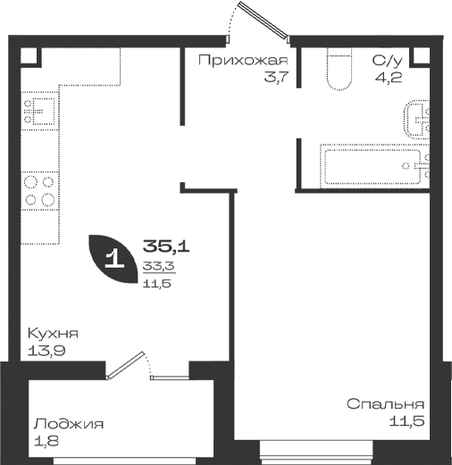 Продается 1-комн. квартира, 33.3 м²