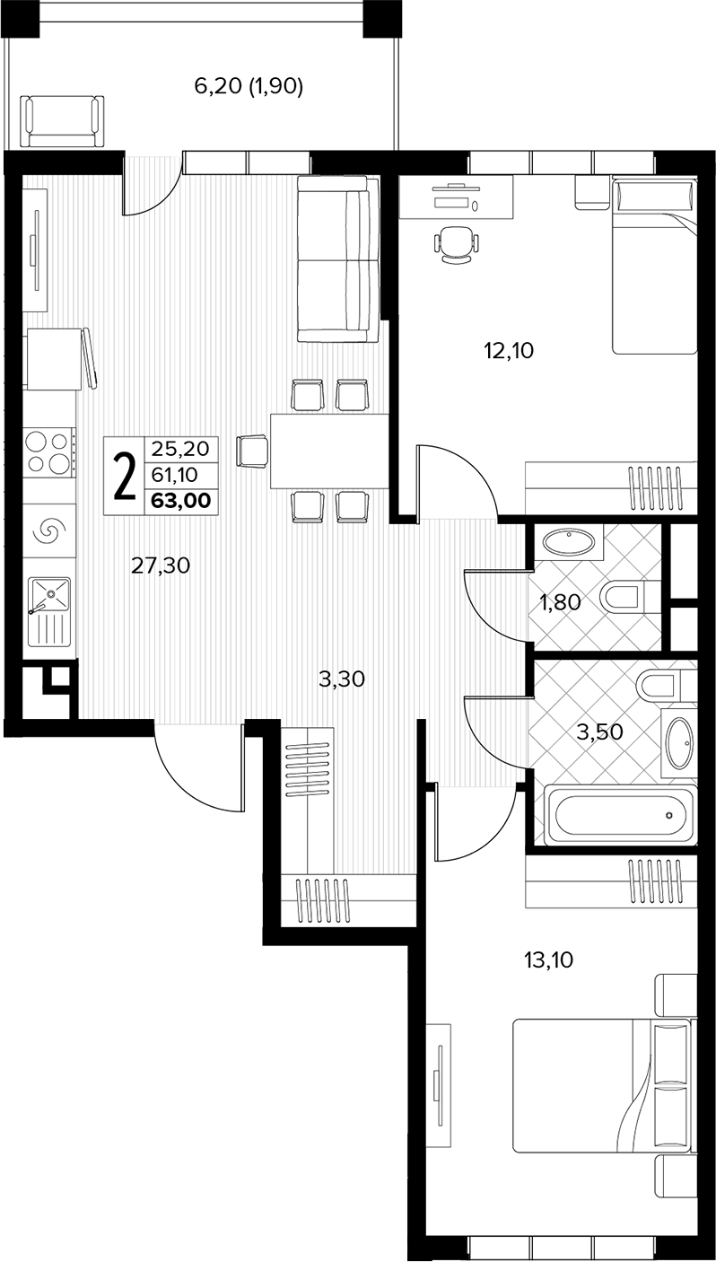 Продается 2-комн. квартира, 61.1 м²