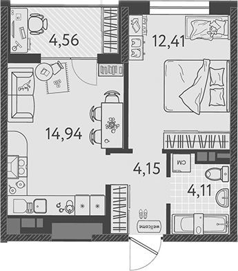 2-комн., 35.61 м², 3/9 этаж, ЖК «Друзья»