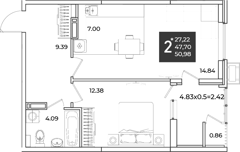 1-комн., 47.7 м², 11/18 этаж, ЖК «Образцово»