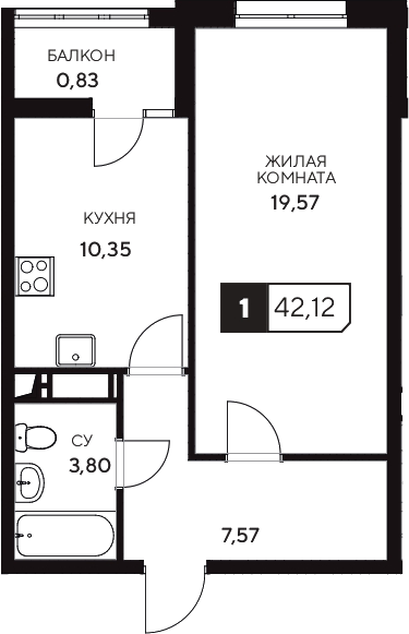 1-комн., 41.29 м², 3/20 этаж, ЖК «Центральный. Гамма»