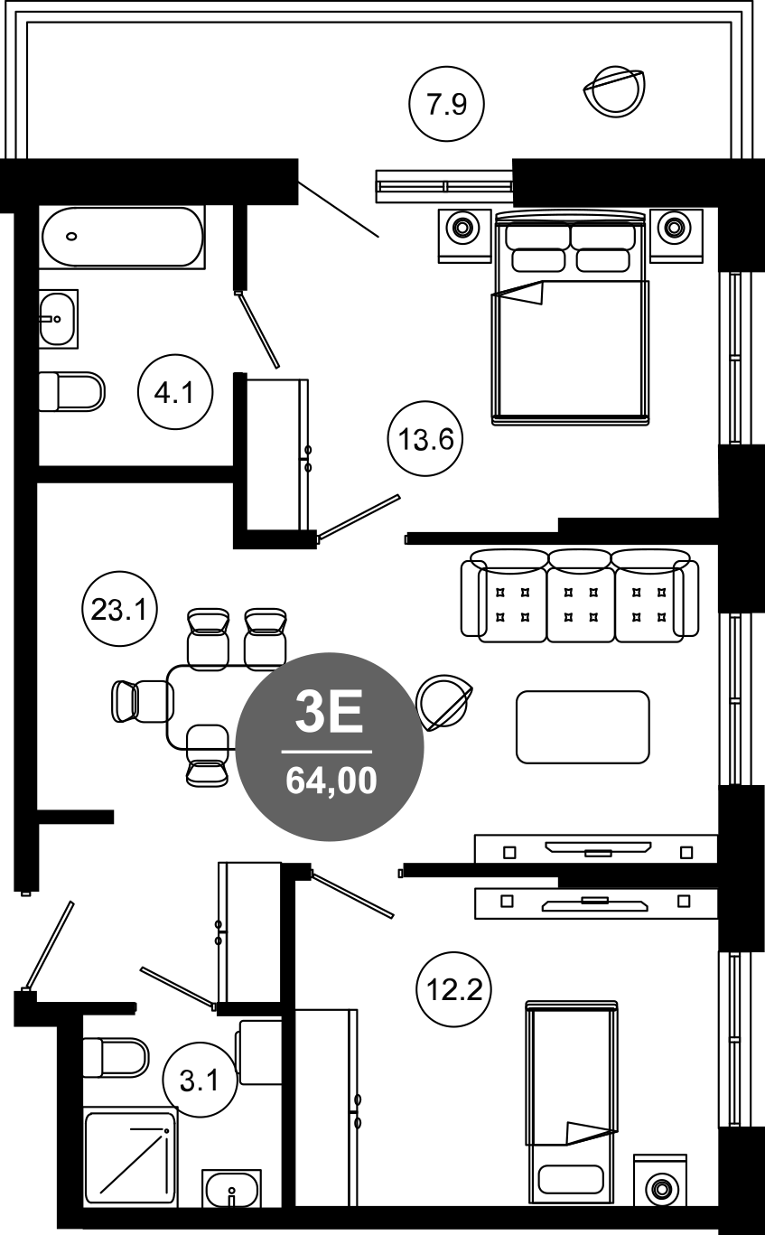3-комн., 56.1 м², 3/10 этаж, ЖК «Гостиничный комплекс GREENMONT»
