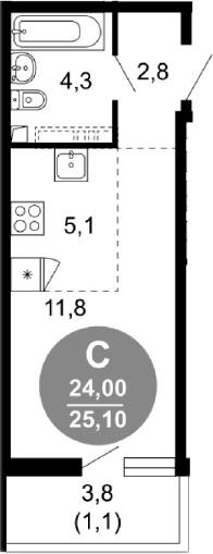 Студия, 24 м², 1/17 этаж, ЖК «Лестория»