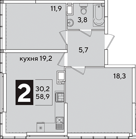 3-комн., 58.9 м², 15/16 этаж, ЖК «Самолет»
