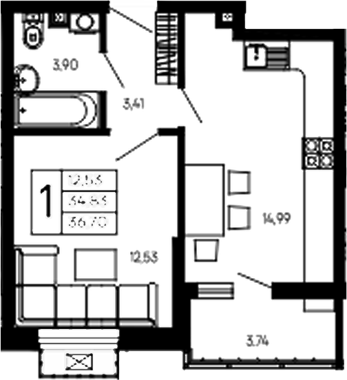 1-комн., 34.83 м², 2/14 этаж, ЖК «Эпос»