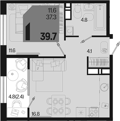 1-комн., 37.3 м², 18/18 этаж, ЖК «Первое место»