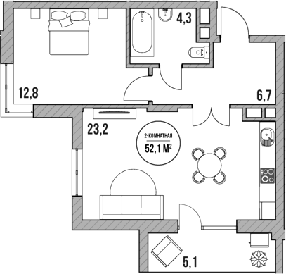 2-комн., 47 м², 1/5 этаж, ЖК «МореТут»