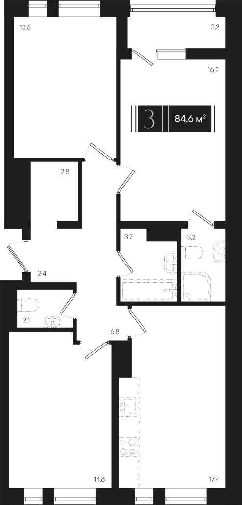 3-комн., 83 м², 3/18 этаж, ЖК «Эрмитаж»