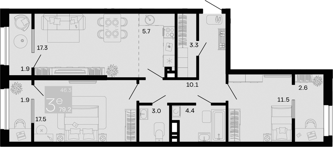 3-комн., 72.8 м², 12/12 этаж, ЖК «Хозяин Морей»