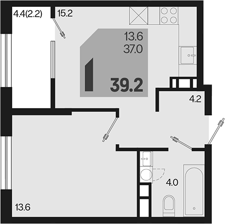 1-комн., 37 м², 18/18 этаж, ЖК «Первое место»