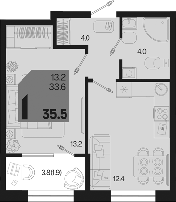 1-комн., 33.6 м², 2/9 этаж, ЖК «Первое место»