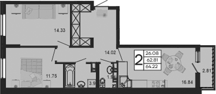 Продается 2-комн. квартира, 62.81 м²