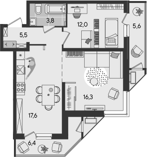 3-комн., 55.4 м², 2/24 этаж, ЖК «Рекорд»
