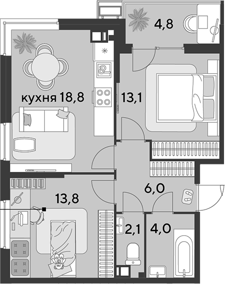 3-комн., 57.8 м², 3/18 этаж, ЖК «Парк Победы»
