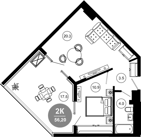 2-комн., 38.7 м², 7/10 этаж, ЖК «Гостиничный комплекс GREENMONT»