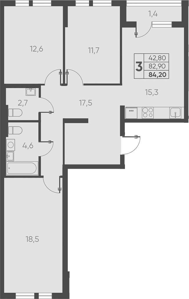3-комн., 82.9 м², 10/15 этаж, ЖК «Барса»