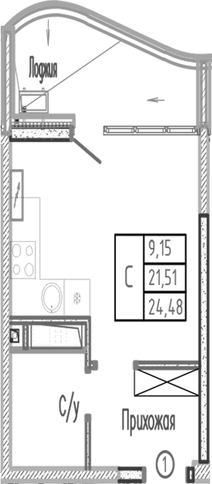 Студия, 21.51 м², 2/16 этаж, ЖК «Sun Hills Ольгинка»