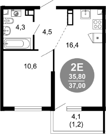 2-комн., 35.8 м², 3/17 этаж, ЖК «Лестория»