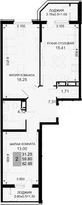 2-комн., 59.8 м², 15/18 этаж, ЖК «Фонтаны»