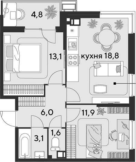 3-комн., 54.5 м², 3/18 этаж, ЖК «Парк Победы»