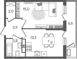1-комн., 38 м², 22/24 этаж, ЖК «Рекорд»