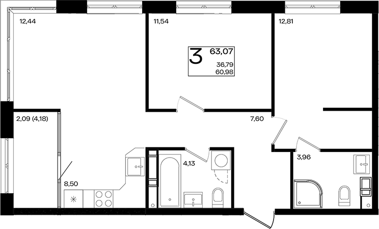 3-комн., 60.98 м², 15/18 этаж, ЖК «Патрики»