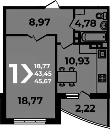1-комн., 43.45 м², 15/19 этаж, ЖК «Аксиома»