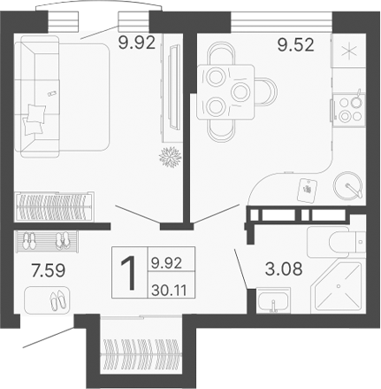 1-комн., 30.11 м², 17/20 этаж, ЖК «Светский лес»