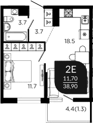 2-комн., 38.9 м², 10/22 этаж, ЖК «Отражение»