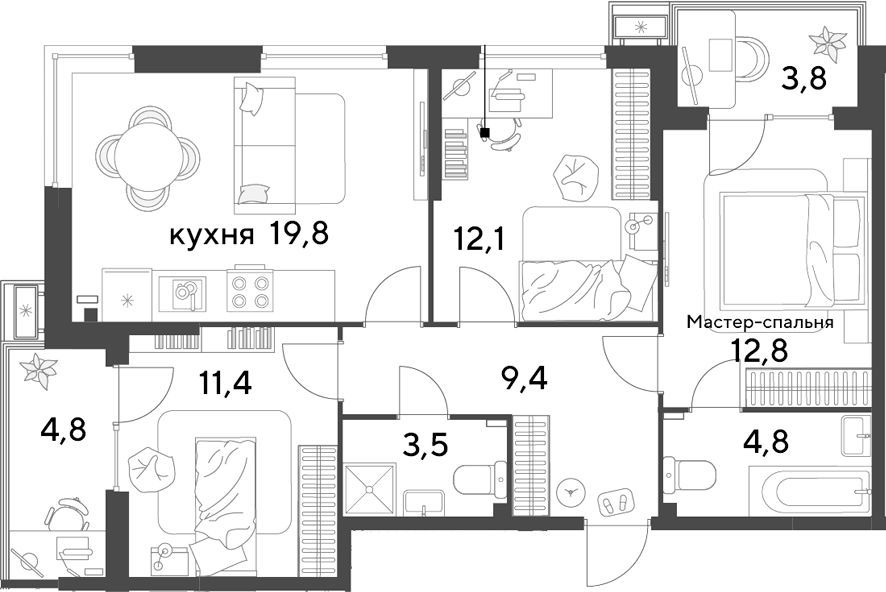 4+ комнаты, 73.8 м², 2/9 этаж, ЖК «Парк Победы»
