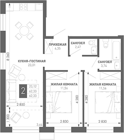 2-комн., 65.24 м², 12/18 этаж, ЖК «Иначе в Молодежном»
