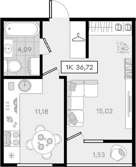 1-комн., 35.19 м², 6/8 этаж, ЖК «История 3»