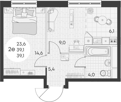 2-комн., 39.1 м², 15/16 этаж, ЖК «Грин Эппл»
