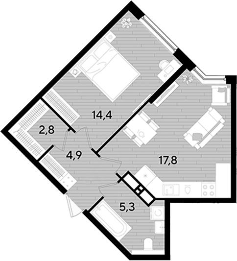 1-комн., 45.2 м², 11/16 этаж, ЖК «DОГМА ПАРК»