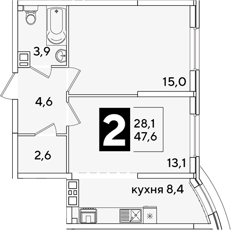 2-комн., 47.6 м², 9/16 этаж, ЖК «Самолет»